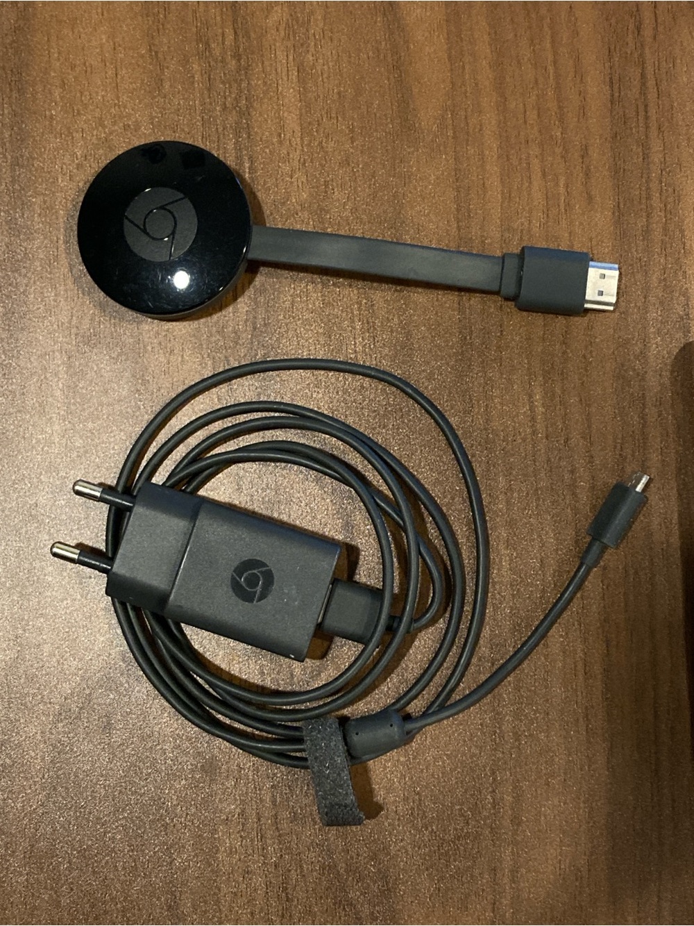 google Chromecast dongle with power adapter and USB cable - black